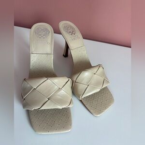 Vince Camuto Cream Woven Slide Heels with Block Heel